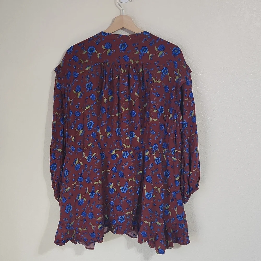 Free People Red Burgundy Flower Fields Mini Button Up Dress Womens Size Small